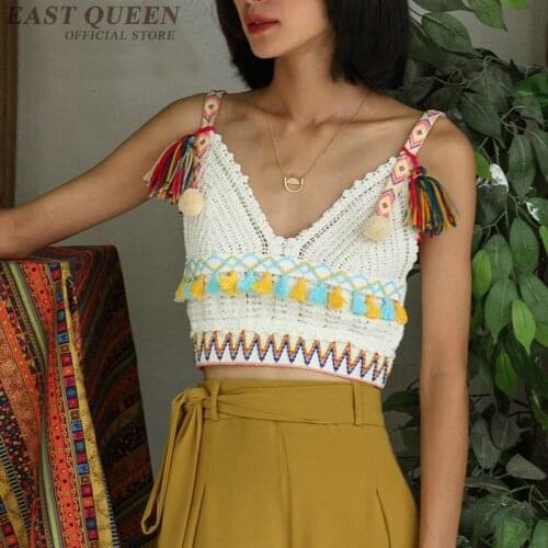 Dashiki crop women tops tassel knitted sexy spagetti halter backless sexy spagetti halter backless hollow vestido AA3790 Y a