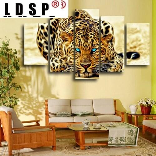 LDSP 5 Panels Canvas Painting Abstract Blue Eyes Leopards HD Wall Picture Decorative Wall Art Home Decoration For Living Room