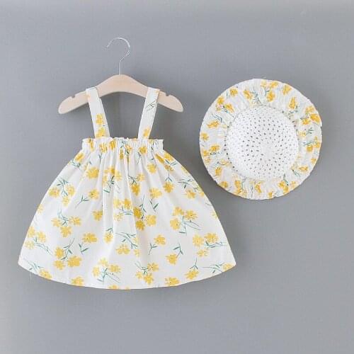 Newborn Baby Summer Dresses Casual Cute Infant Kids Baby Girls Floral Sleeveless Clothes Pretty Princess Strap Dress + Sun Hat