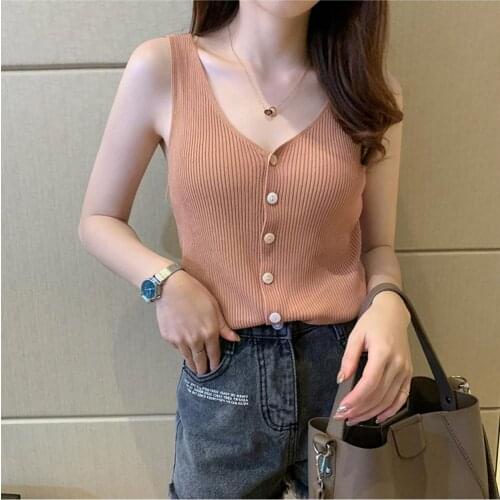 Vest Female Summer V Neck White Suspenders with A Thin Ice Silk Knitted Bottoming Shirt Sexy Sleeveless Top for Outer Wear 2021