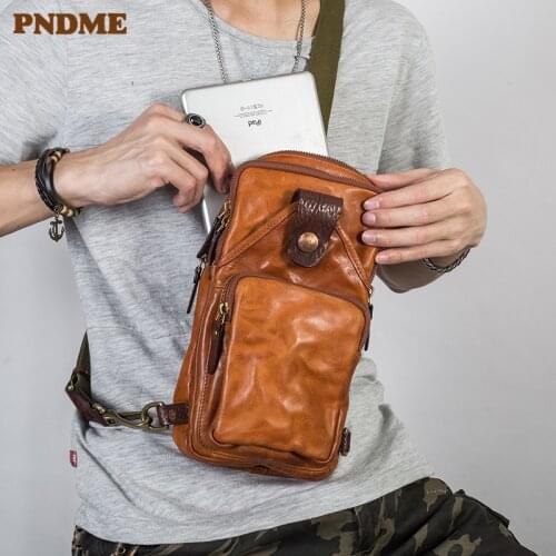 Fashion vintage genuine leather mens chest bag casual high-quality natural real cowhide multi-compartment shoulder diagonal bag