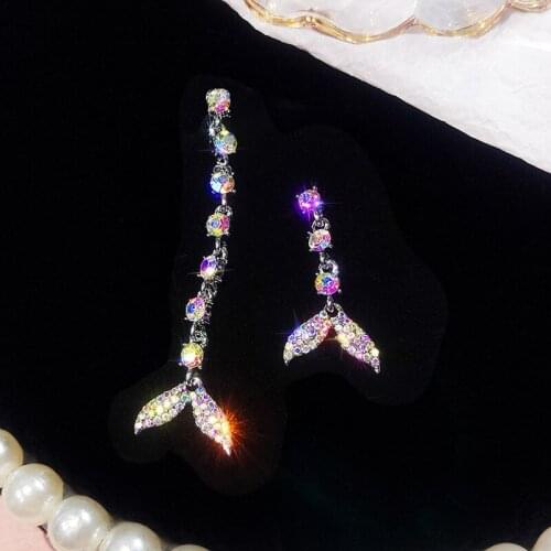 2 Pcs/Set Temperament Women Earrings Colored Crystal Fishtail Pendant Asymmetric Silver Color Earring Set Party Jewellery