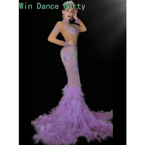Floor Length Queen Opera Host Feather Dress Women Singer Dancer Outfit Bar Birthday Celebrate Stage Prom Evening Dress