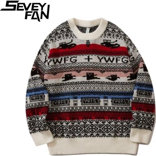 SEVEYFAN Mens Fashion Cartoon Jacquard Sweaters BF Loose Cotton O Neck Kintwear Hip Hop Pullover Sweater for Couples