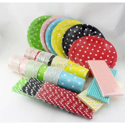 Tableware Polka Dot Paper Plates Cups Straws First Birthday Bachelorette Party Carnival Moments Pink Blue Green Yellow Red Set