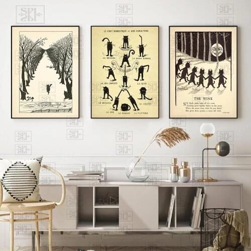 Vintage Poster Black Cat Dance Canvas Painting Abstract Wall Art Print Minimalist Picture for Living Room On The Wall Home Decor