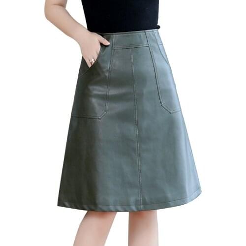Plus Size Korean Style Elegant Women PU Leather High Waist Skirts Empire Knee-Length A-Line OL Midi Skirts with Pockets T221