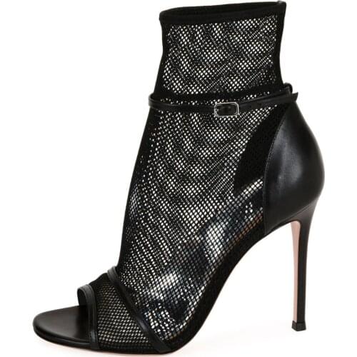 Black Peep Toe Women Thin High Heel Mesh Boots Sexy Fish-net Summer Sandals Booties Nude Ankle Strap Design Ladies Dress Shoes