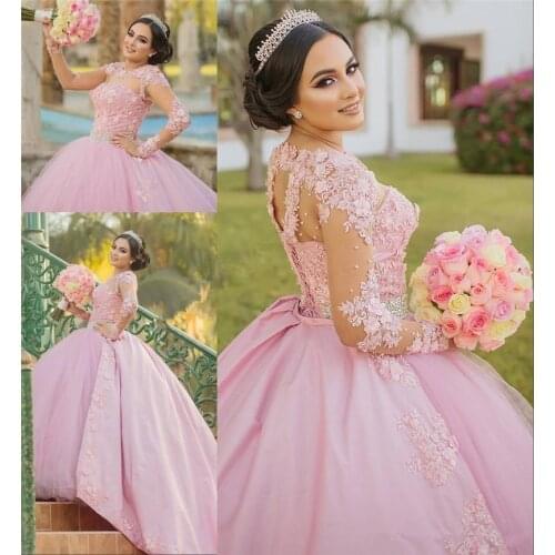 Pink Sweet 16 Quinceanera Dress 2020 Ball Gown Vintage Lace Long Sleeves 3D Floral Vestidos 15 Anos Plus Size Pageant Prom Gowns