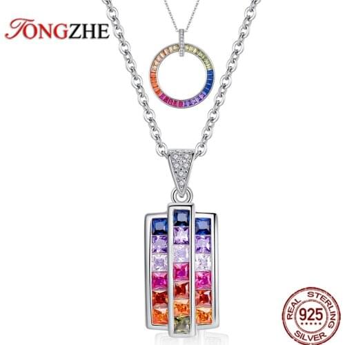 TONGHZE Geometric Circle Initials Womens 925 Sterling Silver Necklace Cz Pendant Rainbow Necklace Jewelry Zircon Necklaces
