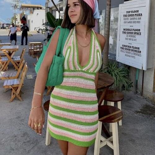 Summer Knit Backless Dress Women Beach Holiday Partywear Sexy Halter Sundress Bodycon Slim V-Neck Sleeveless Mini Dresses 2021