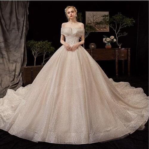 Vestido de Noiva 2020 New Wedding Dress ball gown Boat neck Short Sleeves Ruched Light Champagne Long Train Custom plus sizes
