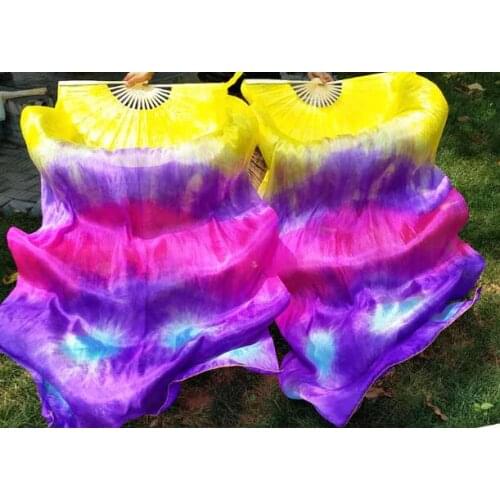 Handmade Tie Dyed 1 Pair Silk Belly Dance Veil Bamboo Dancing Fan Veil 180cm For Women