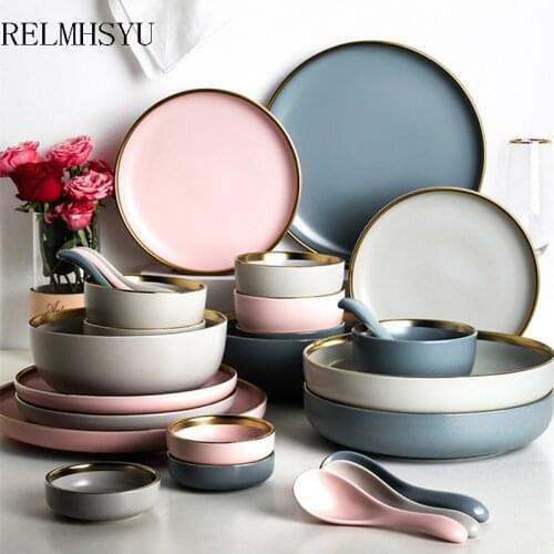 1PC RELMHSYU Nordic Style Ceramic Solid Color Plate Gold Inlay Rice Sooup Bowl Round Deep Steak Dinner Plate Tableware