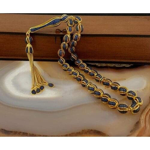 925 Sterling Silver Blue Zirconia 33 Piece Tasbih Special Design Islamic Gift, Masterwork Muslim Prayer Beads Masbaha, Subha