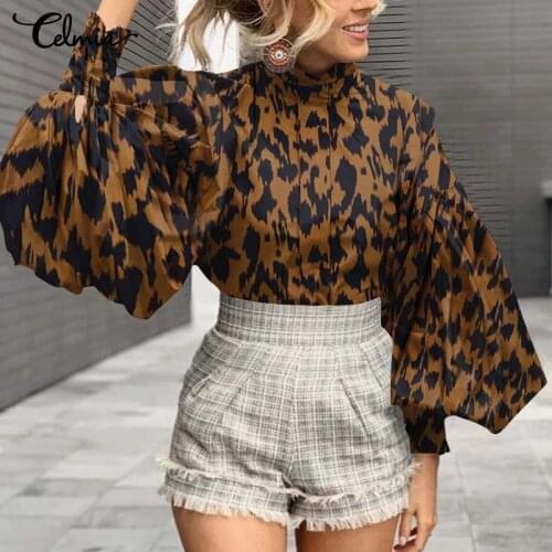 Womens Elegant Office Blouses Celmia Sexy Leopard Print Blouse 2021 Fashion Stand Collar Big Lantern Sleeve Casual Tunic Tops 7