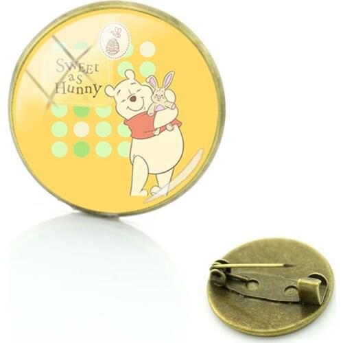 Disney Winnie The Pooh Brooch Cabochon Yellow Background Art Picture Ornament Badge Glass Pin Dome Brooch