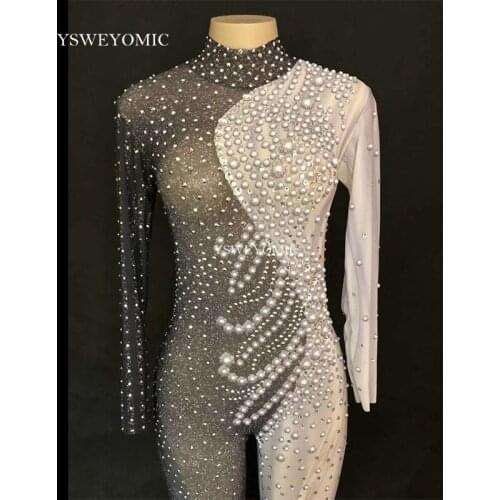 Black White Sparkly Crystals Jumpsuit Womens Performance Dance Party Prom Bodysuit Nightclub Female Singer Show Stage Rompers