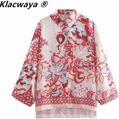 Klacwaya Women 2021 Vintage Totem Floral Print Casual Loose Shirts Female Long Sleeve Kimono Blouse Roupas Chic Blusas Tops