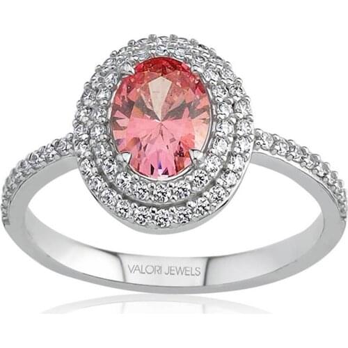 Valori Jewels 1 Carat, Zirconia Pink And White Oval Gemstone, Rhodium Plated, Sterling Silver Ring