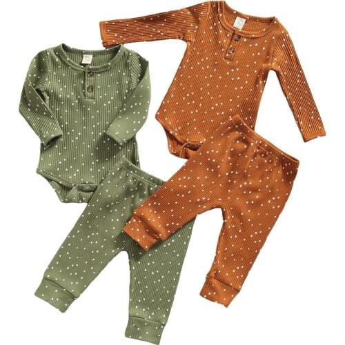 Baby Girls Ribbed Clothes Set, Polka Dot Print Long Sleeve O-neck Romper+Elastic Waist Trousers