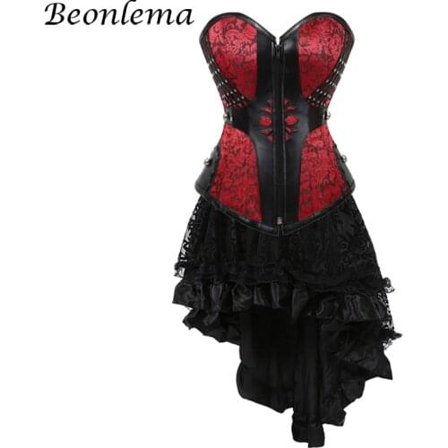 Beonlema Steampunk Corset Dress Set Sexy Red Corset Top Black Gothic Bustiers Adult Tutu Skirt Punk Burlesque Clothes
