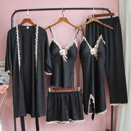 Lace Pajamas Sleep Suit Satin Sleepwear For Women Sexy Kimono Robe Gown Sets Summer Ice Silk PJS Intimate Lingerie Pajama