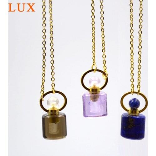 Small size Natural gems stone perfume bottle pendant amethysts lapis clear crystal Essentail oils bottle necklace for girls