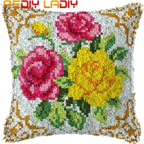 Latch Hook Kits Make Your Own Cushion Bouquet of Rose Acrylic Yarn Crochet Pillow Case Latch Hook Cushion Cover Hobby & Crafts