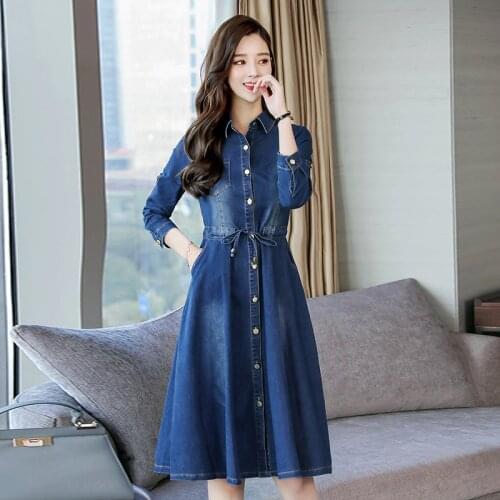 New Fashion Female Autumn Long sleeves Dress 2XL woman Casual Denim Dress Vintage Jeans Dresses elegant Blue Dress Vestidos