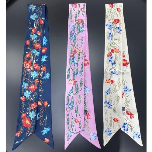Beach Bag Scarf 2021 Summer New Flower Print Luxury Brand Ladies Silk Turban Long Satin Headband Womens Neck Shawls G81