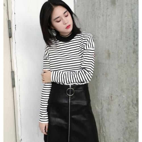 2021 Autumn Women T Shirt Fashion Clothing Lady O Neck T-Shirt Causal Black White Strip Long Sleeve Top For Female