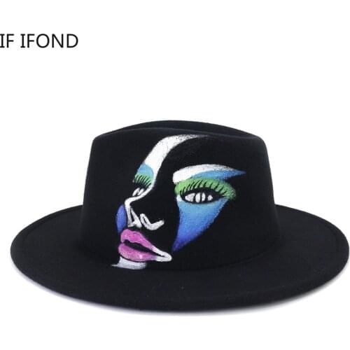 Handmade Painted Wool Felt Black Fedora Hat For Women/Men 2021 New Fashion Wide Brim Autumn Winter Panama Jazz Cap