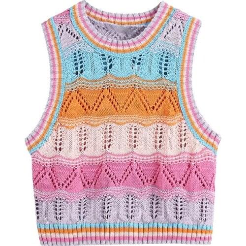 2021 New Women Sweet Fashion Color Striped Crochet Crop Vest Sweater Vintage O Neck Sleeveless Female Waistcoat Chic Tops