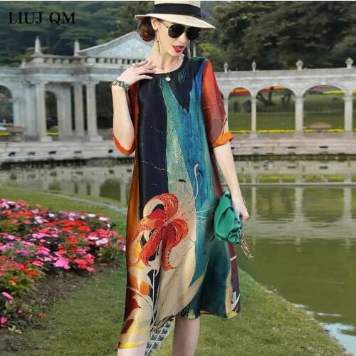 2021 Silk Dress Women Summer Long Floral Plus Size Dress Woman Casual Vintage Ladies Dresses Elegant Party Vestido Plus size 4XL