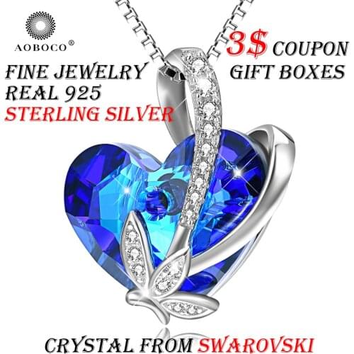 Flower Fairy Blue Heart Crystal From Swarovski Love Pendant Necklace Gift For Women Girl AOBOCO Brand 925 Sterling Silver