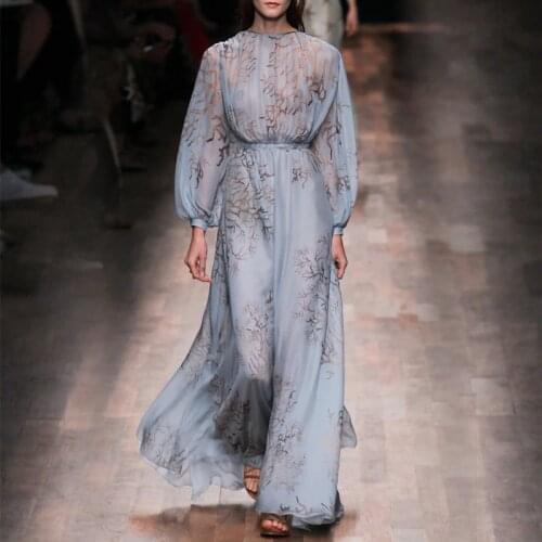 Womens Dress 2021 New Ladies Blue Printed Chiffon Lantern Sleeve Long Dress Summer Free Shipping