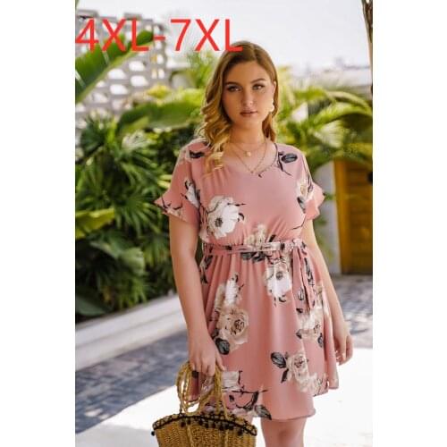 New 2021 summer plus size dress for women large short sleeve loose casual pink floral print flower dresses belt 4XL 5XL 6XL 7XL