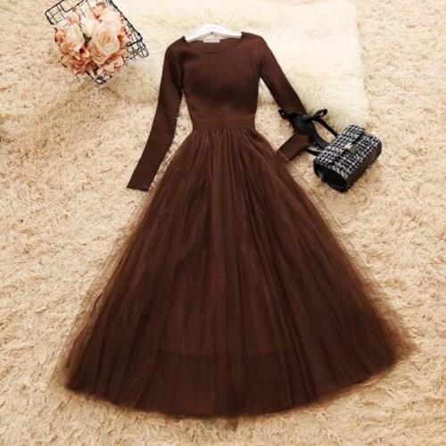 Women Knit Dress Autumn Winter O-Neck Long Sleeve Knitted Patchwork Mesh Dresses Female Elegant Fluffy Dress Vestidos