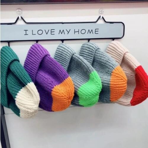 ZHENPEI024 Winter kid casual cotton patchwork knitting beanies cap Child boy girl curled knitting skullies hat Ski gorros