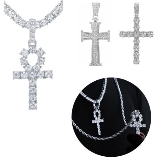 2021 NEW Iced Out Ankh Cross Pendant Necklace Choker Chain Necklace Women Hip-Hop Jewelry For Men Tennis Chain Fashion Link Gift