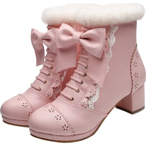 Platform Ankle Lolita Boots Women Zipper Platform Shoes Woman Lovely Sweet Bow Lolita Shoes Women Furry Boots Female Winter