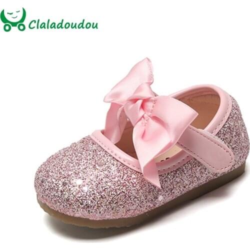 Claladoudou 11-15cm Baby Shoes Bling Bow PU Leather Shoes Toddler Girls Spring Autumn Princess Infant Girl Shoes Soft Sole
