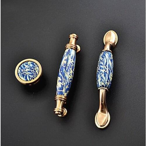 LCH Chinese Style Wardrobe Hardware Golden Blue collision Porcelain Drawer Door Pull Ceramic Handle European Style