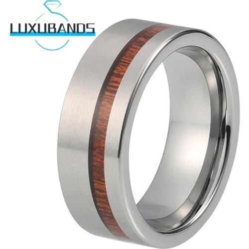 Tungsten Carbide Rings 8MM For Men Women Flat Offset Line Wood Inlay Engagement Bands Matte Brushed Finished Comfort Fit