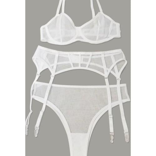 3PCS Mesh Thong Underwear Set Transparent G-String Lace Bralette Female Fashion Garter Lingerie Womens Sexy Lingerie Sets