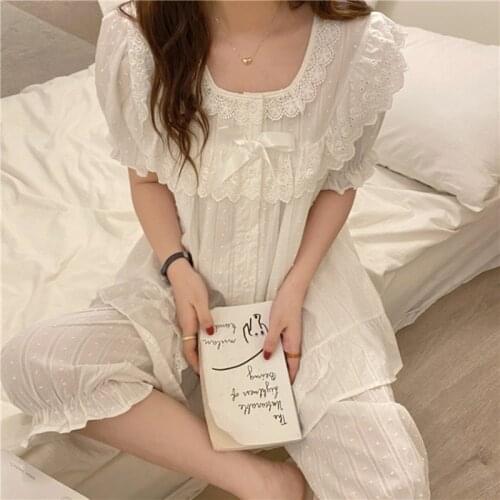 Fairy Style Lace Pajamas Suit Female Spring Summer Short-Sleeved Cropped Pant Two-Piece Set Home Service Korean Pijamas Women