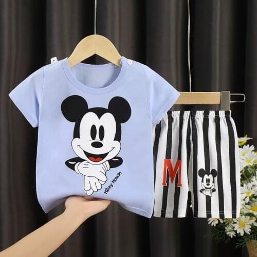2pcs Disney Mickey Summer Childrens Short-sleeved Set Cotton Kids Boy O-neck T-shirt + Shorts Two-piece Suit Baby Girls Clothes