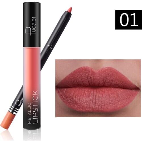 Pudaier lip makeup set lip gloss + lip liner pencil waterprooof nude matte liquid lipstick in gradient tube red grey black PD011