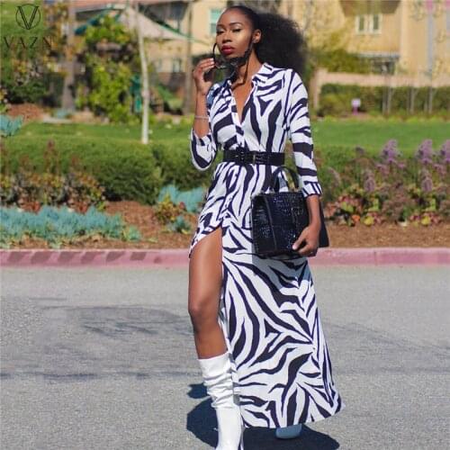 VAZN 2021 Spring New Fashion Women Young Casual Holiday Style Long Dress Long Sleeve Lapel Printed Long Shirt Dress
